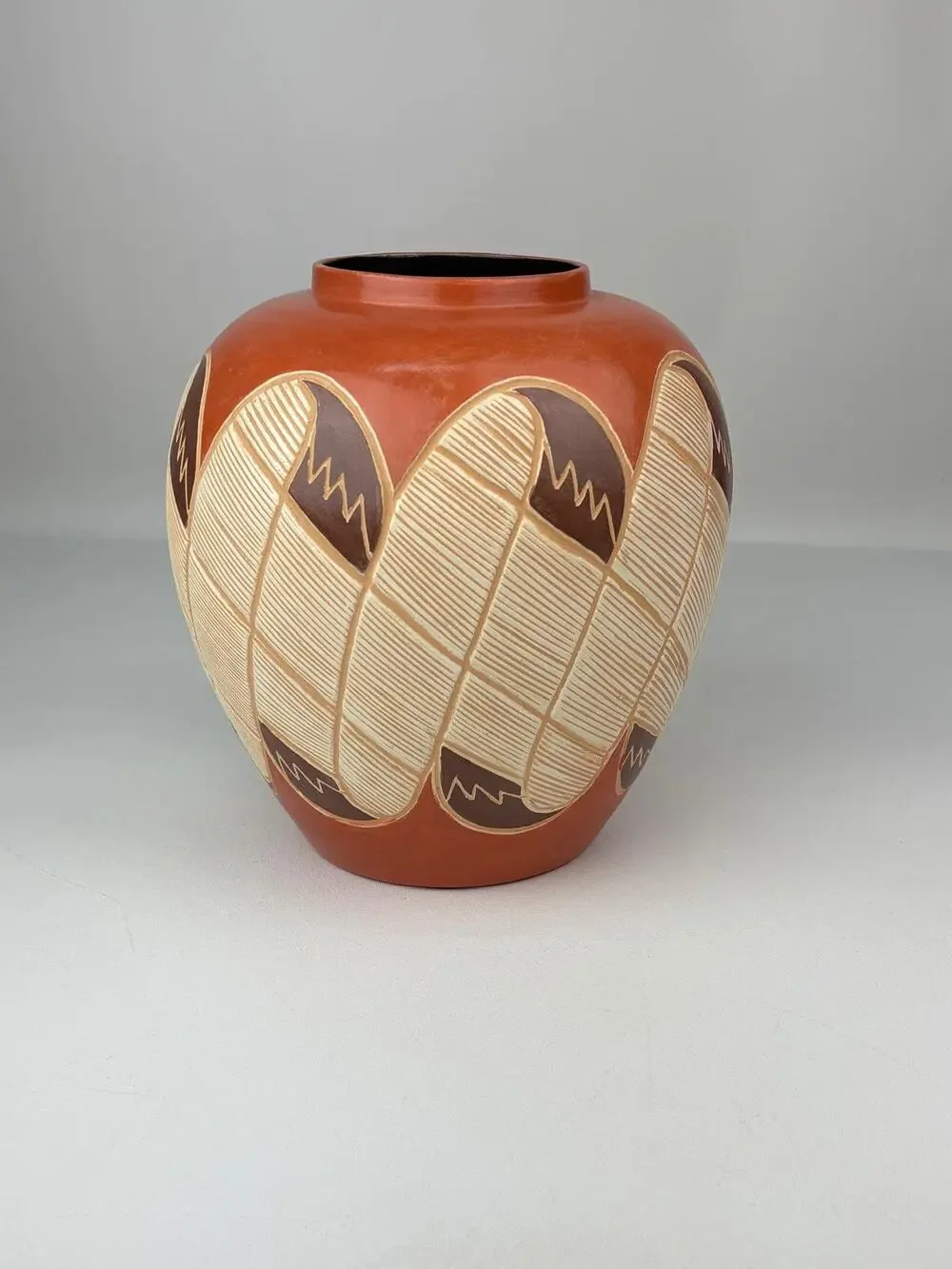 Vintage MCM Southwestern Sgraffito Style Pottery Carved Ceramic Vase 10in H